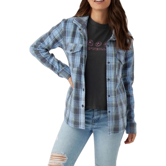 O'Neill Zuma Plaid Superfleece Shacket with Snap Front Closure - S - Blue, Grey - Picture 1 of 14